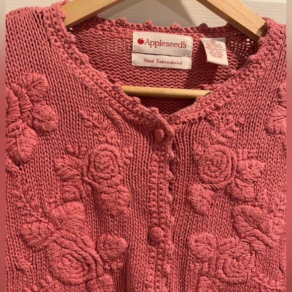 Appleseed’s Hand Embroidery Floral  Sweater Cardigan Pullover Rose Pink Sz Med - Picture 2 of 10